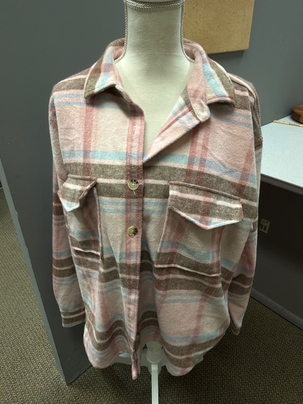 Barbie Pink, Blue & Brown Plaid Button-Up Shacket